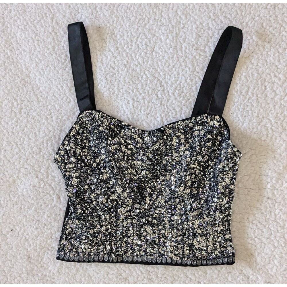 Zara silver sequins on black crop tank top Women's Size Small